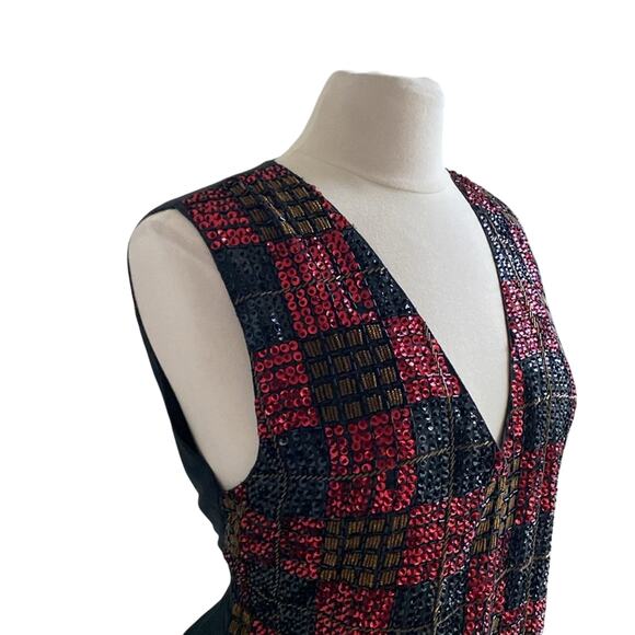 VINTAGE EVERETT COLLECTION Sequin Vest Womens Sz Medium Red Gold Cocktail - Picture 2 of 8